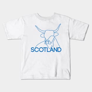 Scottish Highland Cow Continuous Line Drawing (Blue) Kids T-Shirt